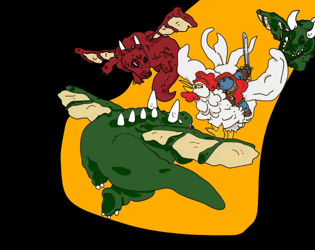 Dragons Invasion key art — Hero on a rooster facing dragons